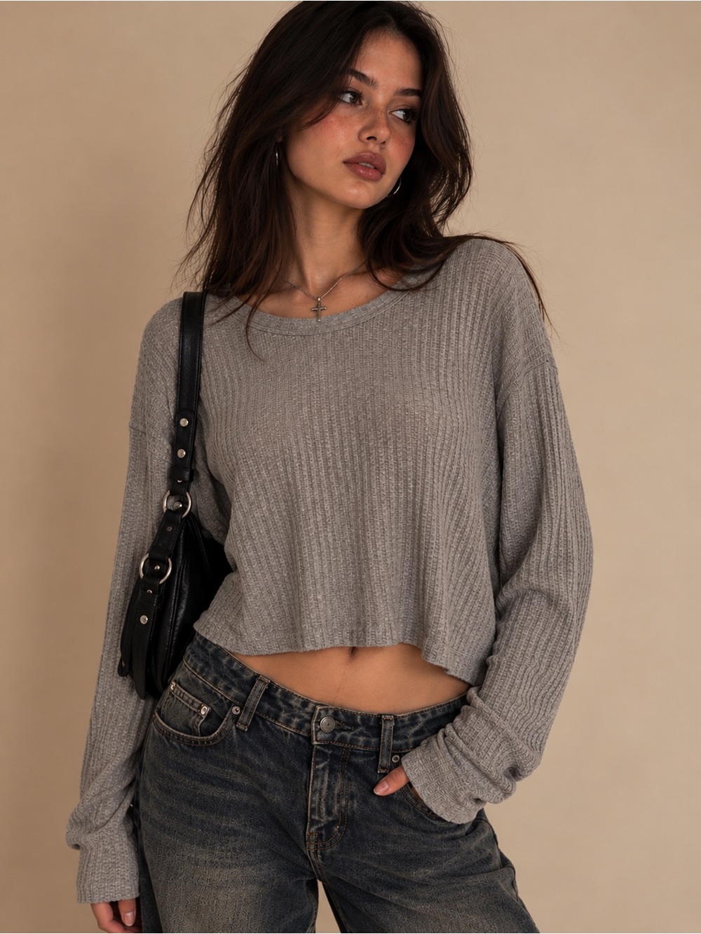 CHASER Gray Waffle Knit Cropped Long Sleeve Relaxed Oversized Top NWT